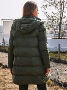SHEIN Abrigo acolchado con cremallera y capucha para usar en invierno - Verde militar - Ver 2
