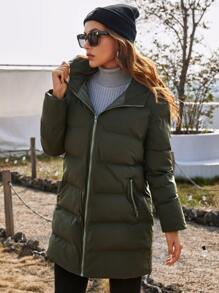 SHEIN Abrigo acolchado con cremallera y capucha para usar en invierno - Verde militar - Ver 3