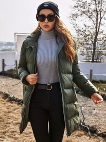 SHEIN Abrigo acolchado con cremallera y capucha para usar en invierno - Verde militar - Ver 4