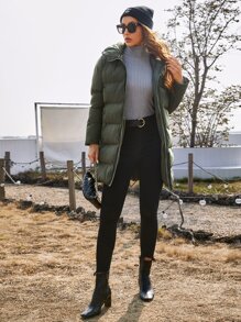 SHEIN Abrigo acolchado con cremallera y capucha para usar en invierno - Verde militar - Ver 5