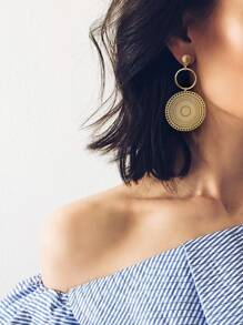 1pair Simple & Lightweight Hollow Out Copper Round Plate Earrings With Good Texture, Versatile For Going Out - Yellow Gold - View 2