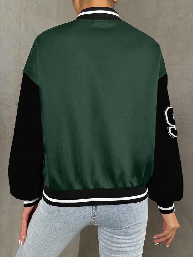 SHEIN Unity Letter Patch Detail Drop Shoulder Colorblock Varsity Jacket - Dark Green - View 2