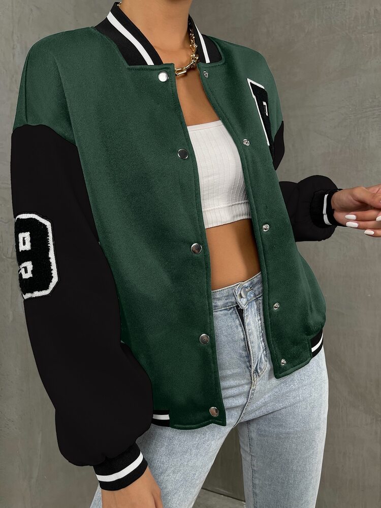 SHEIN Unity Letter Patch Detail Drop Shoulder Colorblock Varsity Jacket - Dark Green - View 5