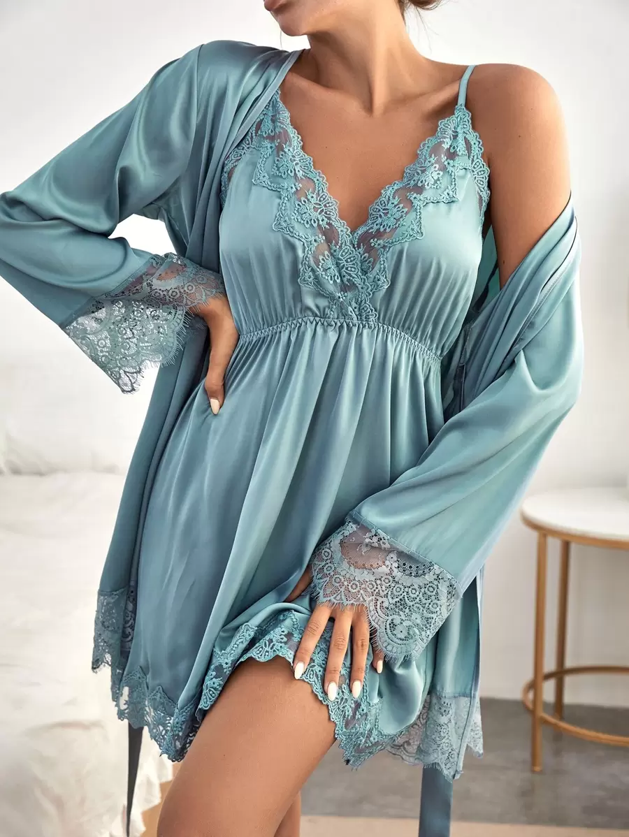 撞色蕾丝缎面睡裙配腰带睡袍套装，秋冬服装 - 青碧色 - 查看 1