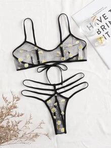Floral Print Mesh Lingerie Set - Black - View 1