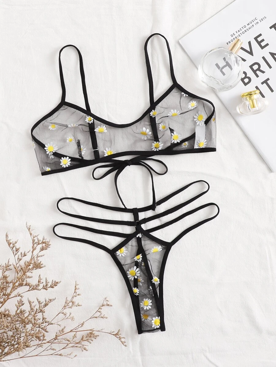 Floral Print Mesh Lingerie Set - Black - View 1