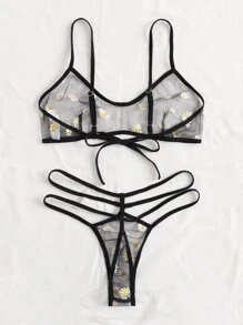 Floral Print Mesh Lingerie Set - Black - View 2
