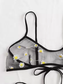 Floral Print Mesh Lingerie Set - Black - View 3