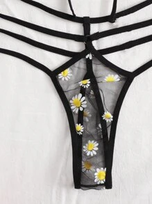 Floral Print Mesh Lingerie Set - Black - View 4