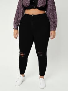 SHEIN SXY Plus High Waist Ripped Raw Cut Skinny Jeans - Black - View 1