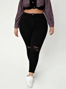 SHEIN SXY Plus High Waist Ripped Raw Cut Skinny Jeans - Black - View 3