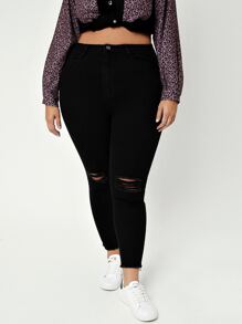 SHEIN SXY Plus High Waist Ripped Raw Cut Skinny Jeans - Black - View 4