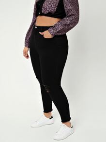 SHEIN SXY Plus High Waist Ripped Raw Cut Skinny Jeans - Black - View 5