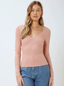 SHEIN Slim T-Shirt Made Of Lenzing™ Ecovero™ Branded Viscose Fibers - Coral Pink - View 3