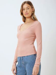 SHEIN Slim T-Shirt Made Of Lenzing™ Ecovero™ Branded Viscose Fibers - Coral Pink - View 4