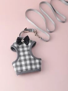 1入組格紋狗狗背心背帶附帶皮帶 - 灰色 - 查看 2