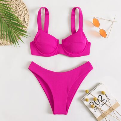 Rib Underwire High Cut Bikini Swimsuit