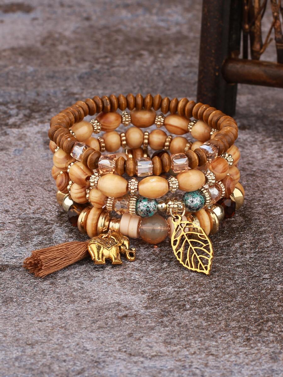 Braccialetti Bohémien Multistrato Con Perline Di Legno E Albero