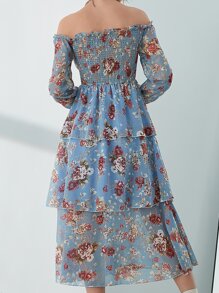 Mulvari Đầm viền lá sen Xù phân lớp Dải chun Hoa Boho - Màu xanh nhạt - Xem 2