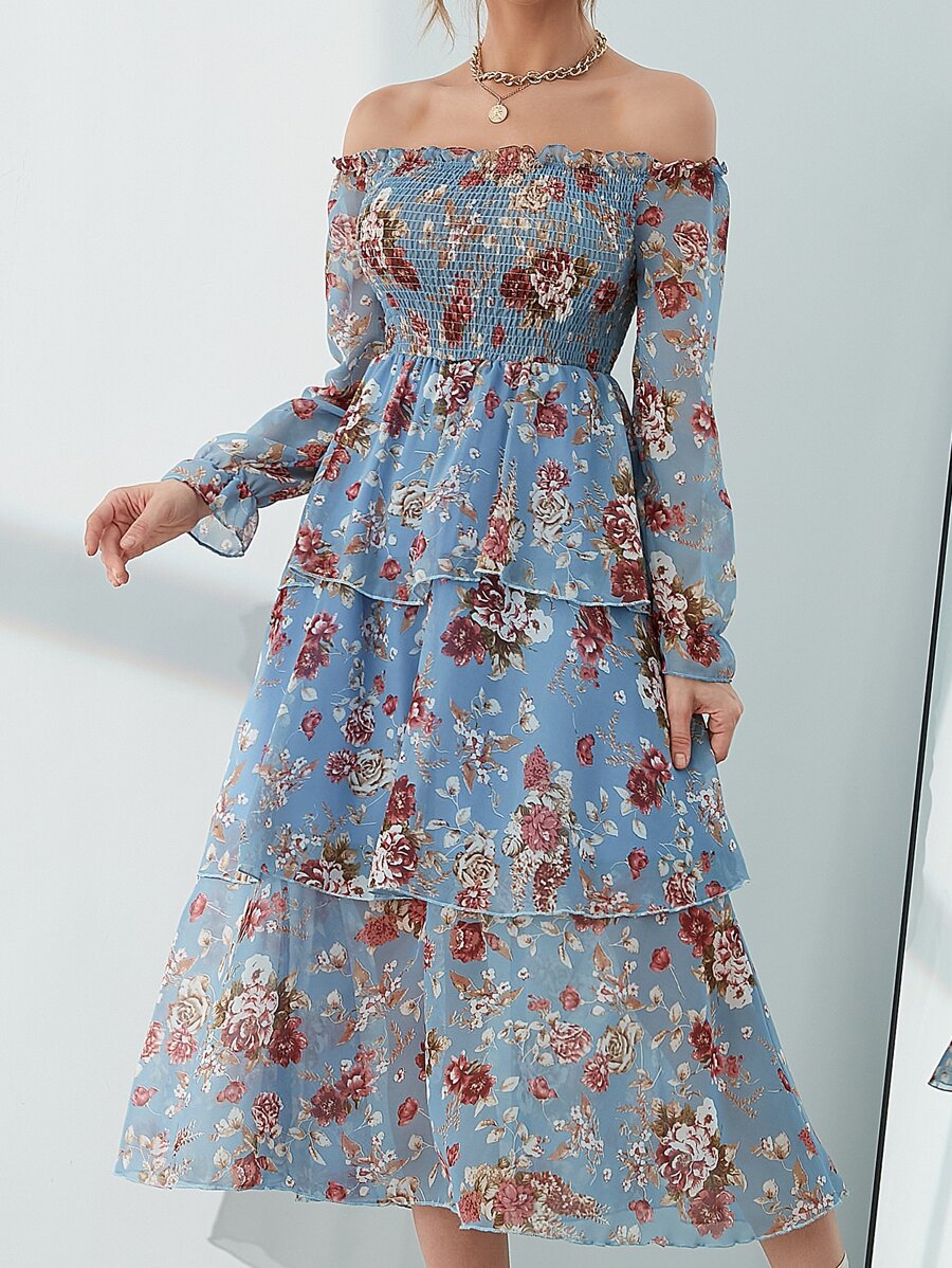 Mulvari Đầm viền lá sen Xù phân lớp Dải chun Hoa Boho - Màu xanh nhạt - Xem 1