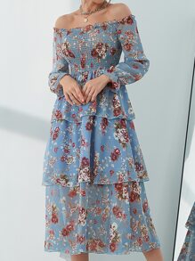 Mulvari Đầm viền lá sen Xù phân lớp Dải chun Hoa Boho - Màu xanh nhạt - Xem 5