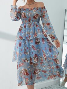 Mulvari Đầm viền lá sen Xù phân lớp Dải chun Hoa Boho - Màu xanh nhạt - Xem 6