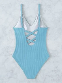 Cross Back One-Piece Swimsuit, For Summer Beach Vacation - Mint Blue - View 3