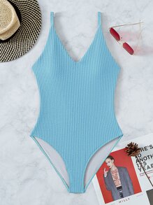 Cross Back One-Piece Swimsuit, For Summer Beach Vacation - Mint Blue - View 4