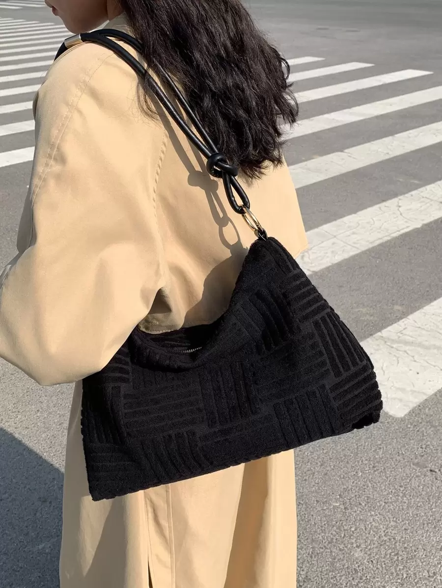 时尚休闲纯色肩背包，双手柄压纹 - 黑色 - 查看 1