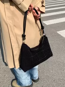 时尚休闲纯色肩背包，双手柄压纹 - 黑色 - 查看 2