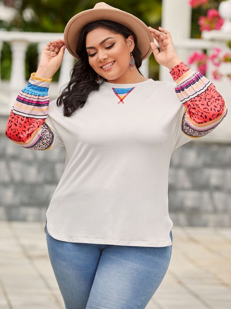 Camiseta de hombros caídos con estampado de rayas y leopardo - Blanco - Añade 3