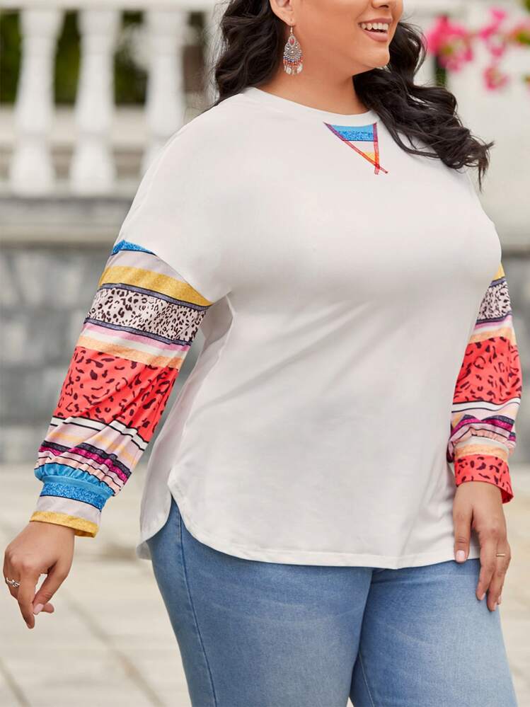 Camiseta de hombros caídos con estampado de rayas y leopardo - Blanco - Añade 5