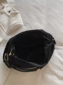 时尚休闲纯色肩背包，双手柄压纹 - 黑色 - 查看 6