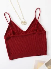 INAWLY Solid Crop Knit Cami Top - Burgundy - View 2