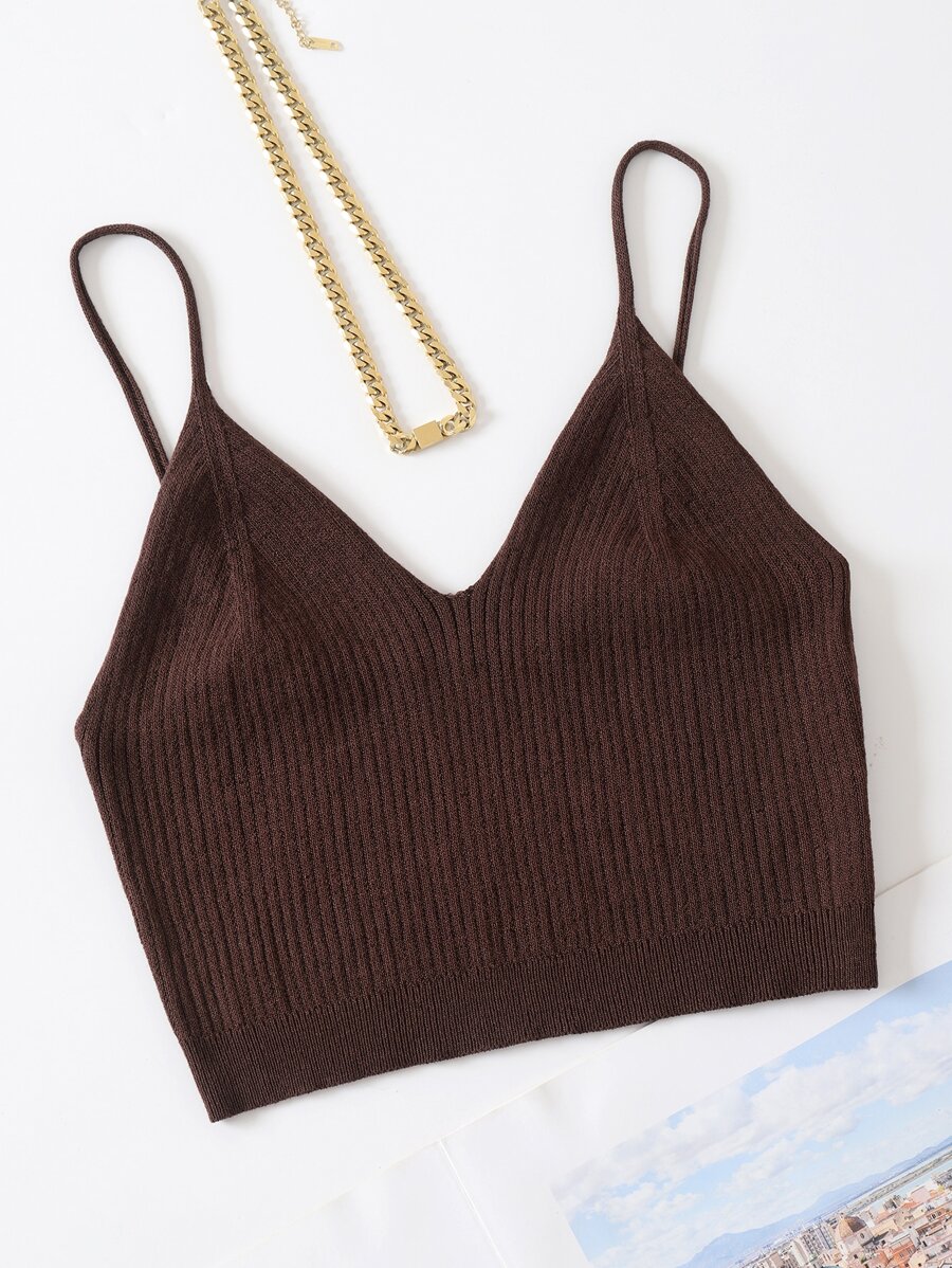 INAWLY Solid Crop Knit Cami Top - Chocolate Brown - View 1