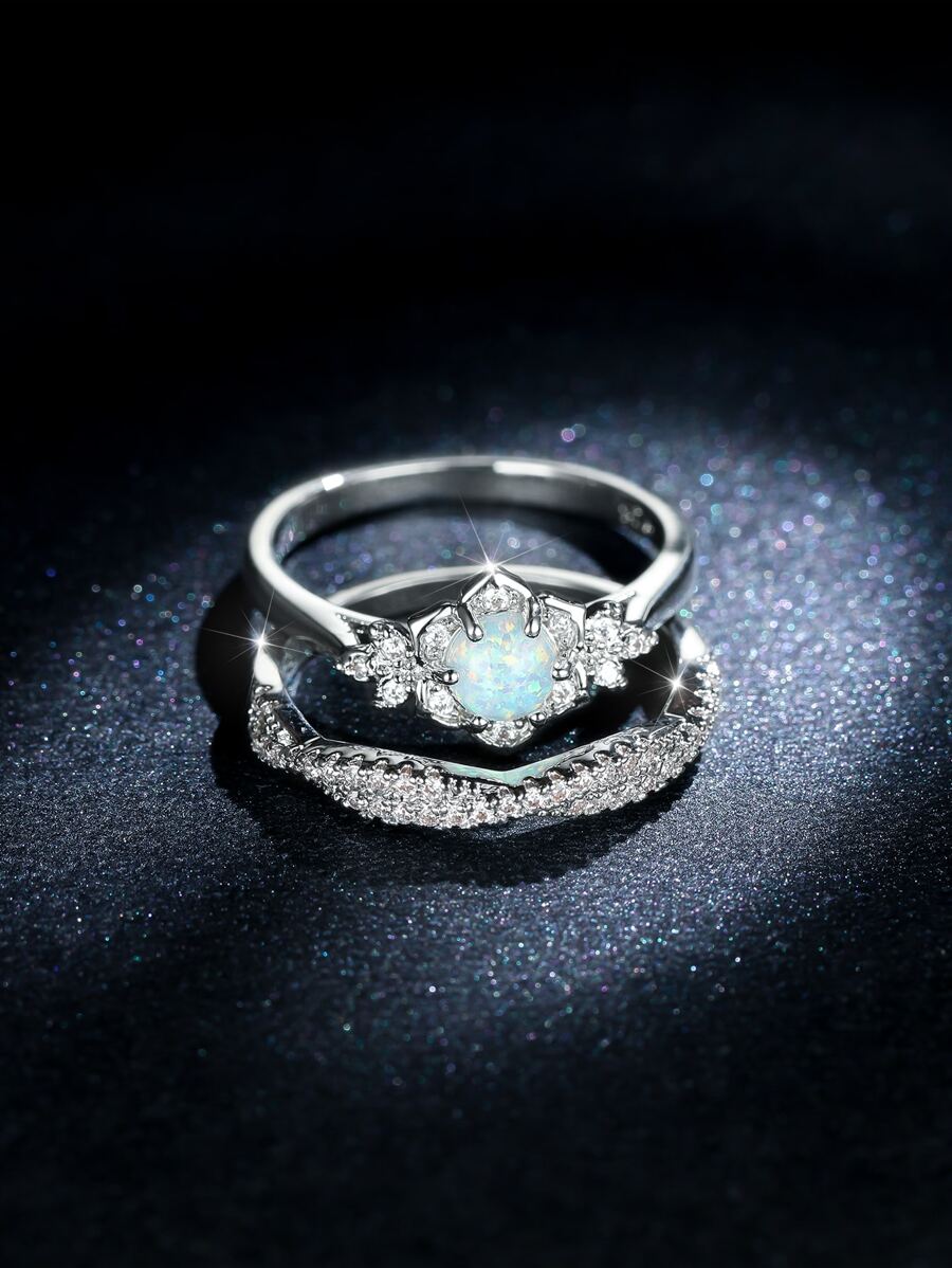 2入組時尚蛋白石甜美風花朵形狀環 - 彩色 - 查看 1