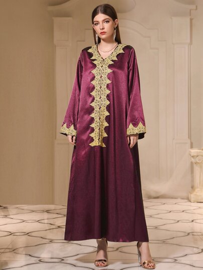 Al Najma Burgundy Red Guipure Lace Panel Satin Kaftan SHEIN EUR