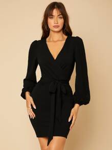 SHEIN Tall Wrap Tie Front Dress - Black - View 1