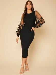 SHEIN Tall 薄透刺繡網紗燈籠袖緊身洋裝 - 黑色 - 查看 2