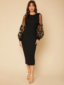 SHEIN Tall 薄透刺繡網紗燈籠袖緊身洋裝 - 黑色 - 查看 4