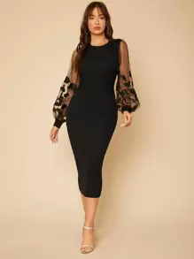 SHEIN Tall 薄透刺繡網紗燈籠袖緊身洋裝 - 黑色 - 查看 5