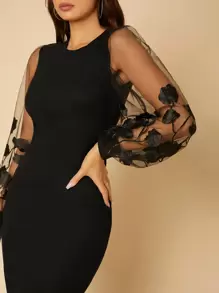 SHEIN Tall 薄透刺繡網紗燈籠袖緊身洋裝 - 黑色 - 查看 6