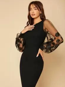 SHEIN Tall 薄透刺繡網紗燈籠袖緊身洋裝 - 黑色 - 查看 7