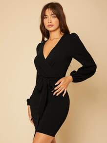 SHEIN Tall Wrap Tie Front Dress - Black - View 6