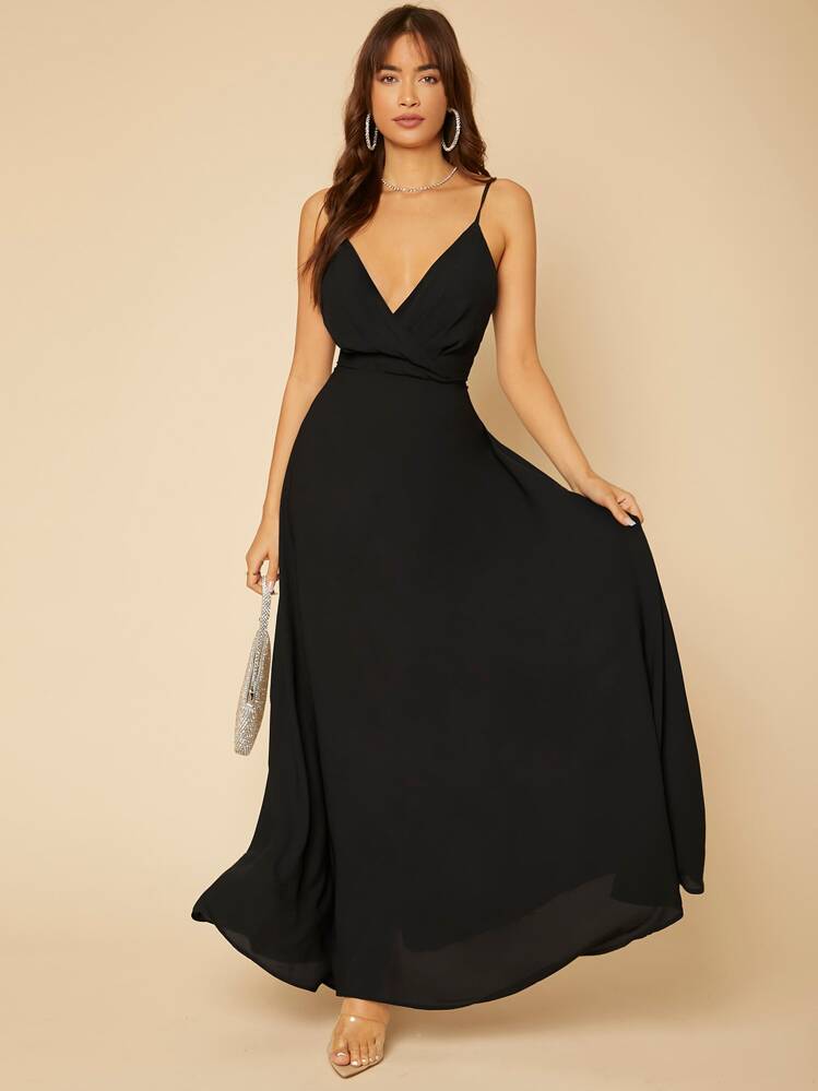 SHEIN Tall 素色圍裹細節吊帶洋裝 - 黑色 - 查看 1