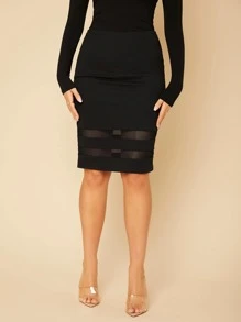 SHEIN Tall Solid Mesh Insert Body Skirt - Black - View 3