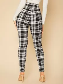 SHEIN Tall 格子印花疊腰緊身打底褲 - 黑與白 - 查看 2