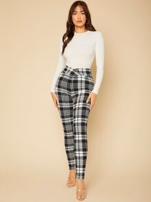 SHEIN Tall 格子印花疊腰緊身打底褲 - 黑與白 - 查看 3