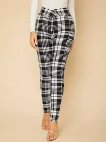 SHEIN Tall 格子印花疊腰緊身打底褲 - 黑與白 - 查看 4