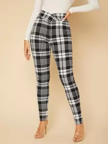 SHEIN Tall 格子印花疊腰緊身打底褲 - 黑與白 - 查看 5